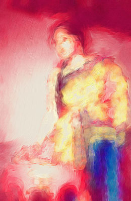 A blurred portrait of a person in an expressive pose with vibrant colors.